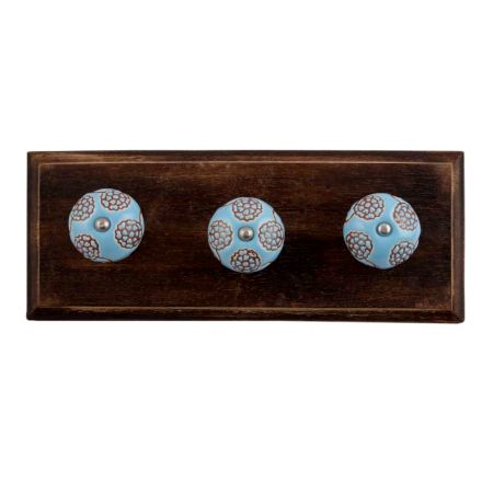 Turquoise Marigold Ceramic Floral Wooden Hooks